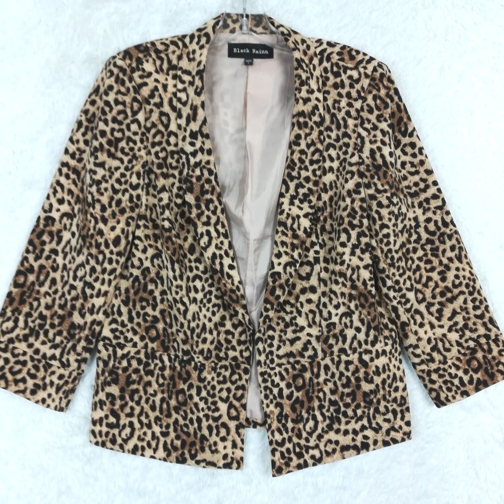 Black Rainn Womens Blazer Jacket Leopard Print Beige Black Animal Long Sleeve L